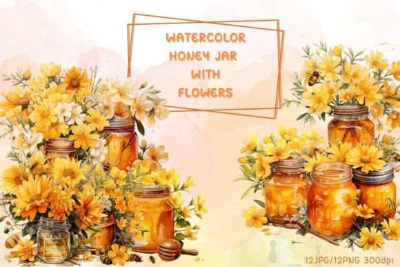 Download Watercolor Honey Jar with Flowers Art - Jar Collection